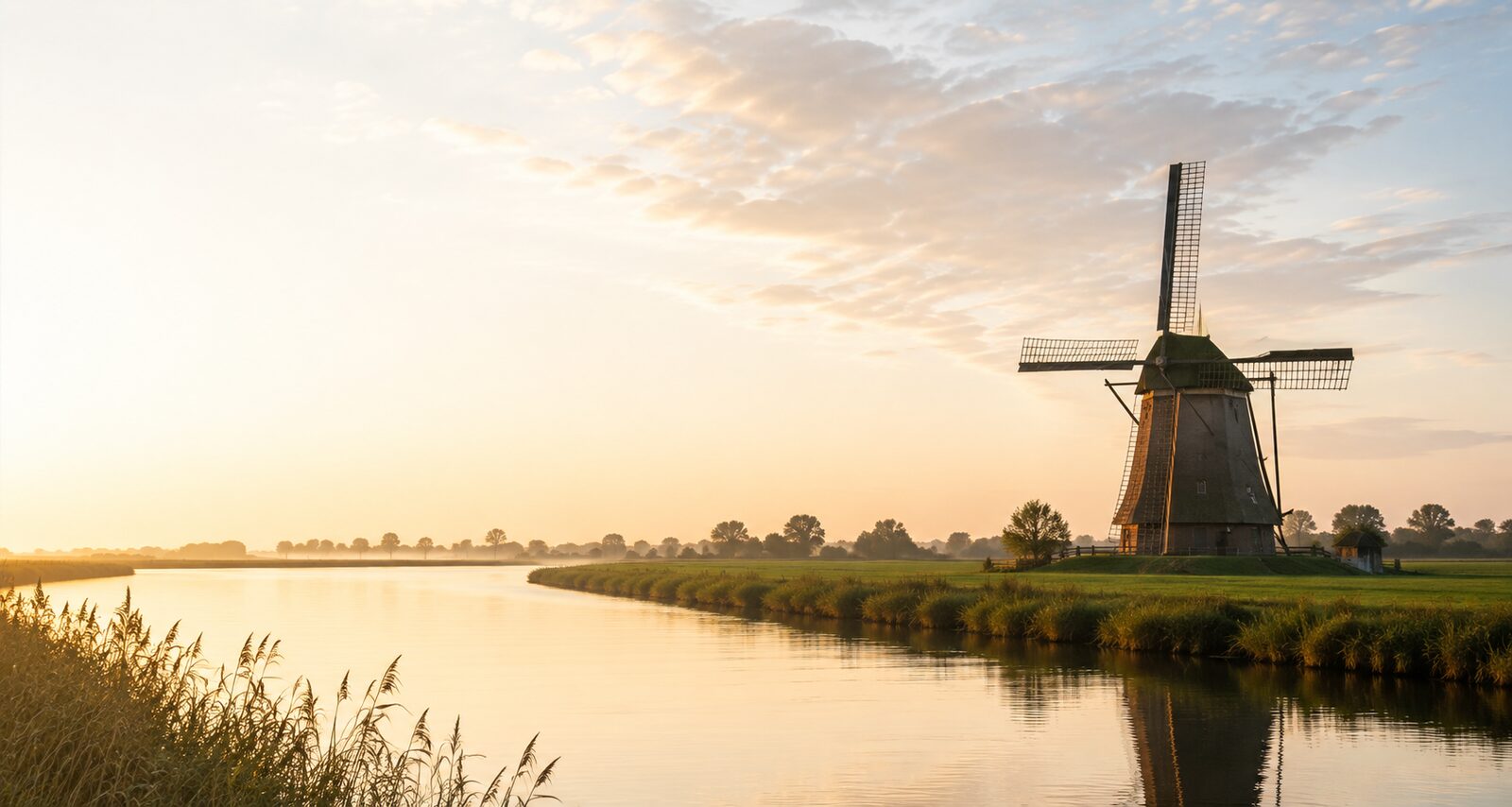Molen bij zonsopkomst aan het water, sfeerbeeld Hagg B.V.